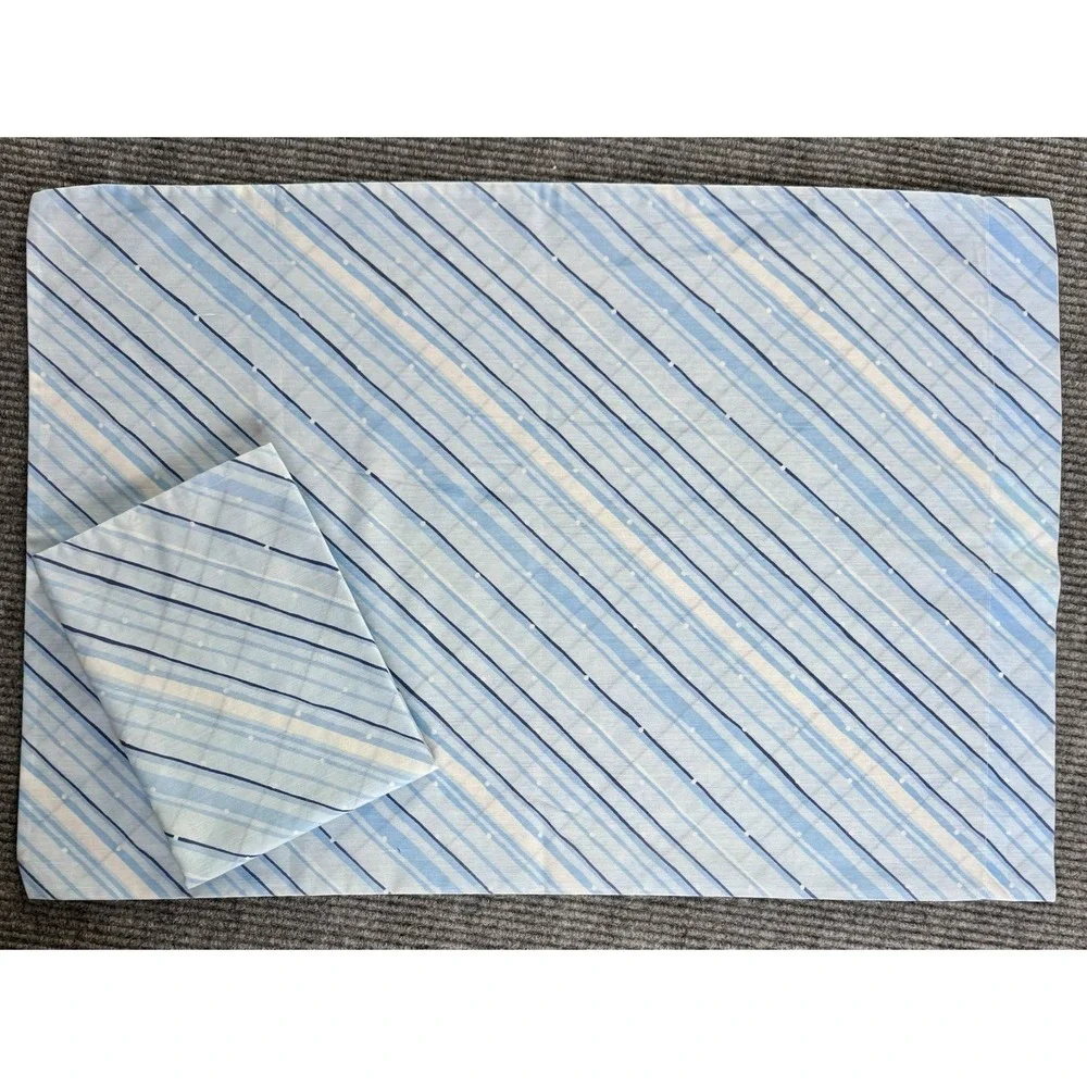 Vintage Pillowcase Pair Blue Navy Stripe Coastal Retro Standard Cottage 1970s